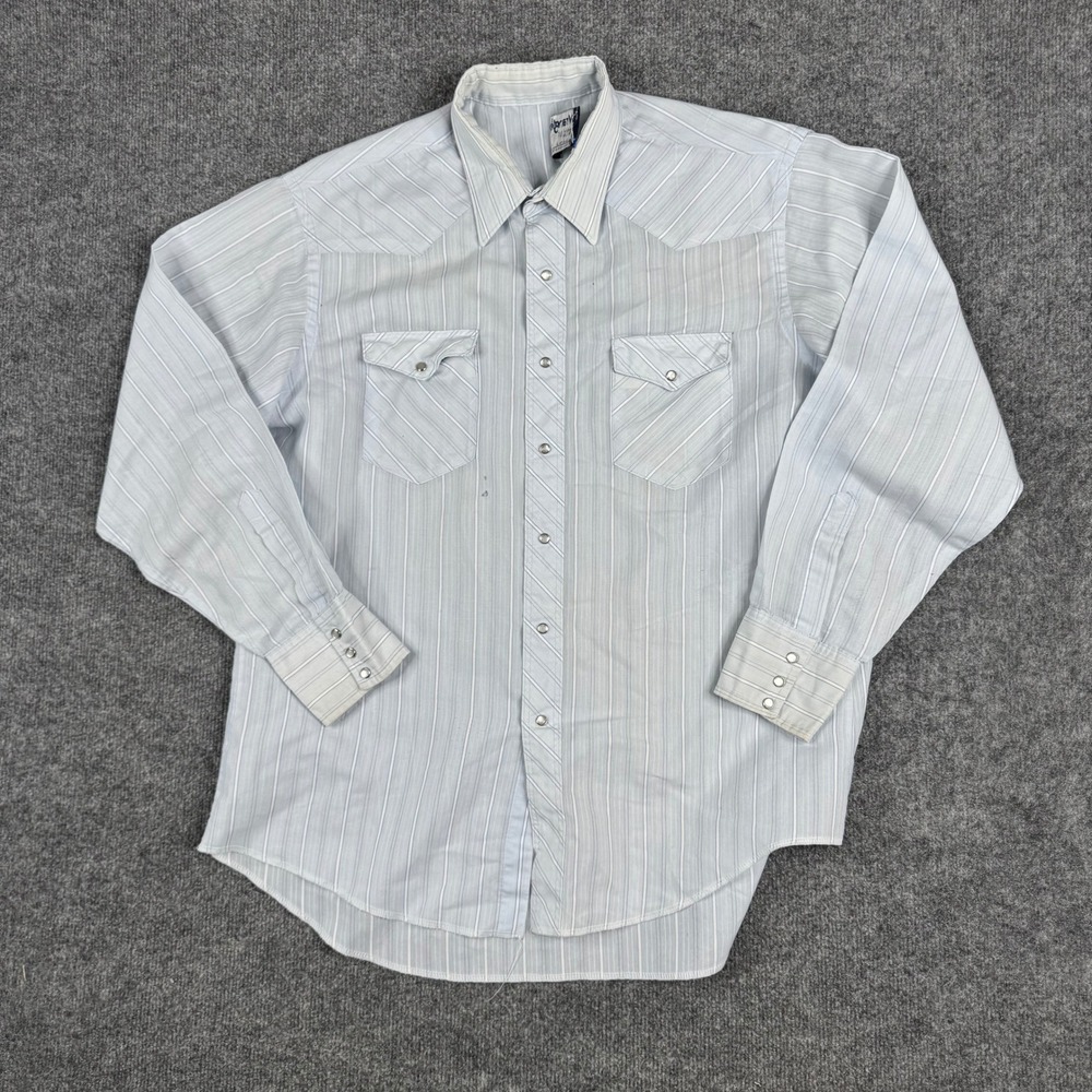 Wrangler Shirt Mens 17-35 Blue Cowboy Cut Pearl Snap Pinstripe Vintage USA Made